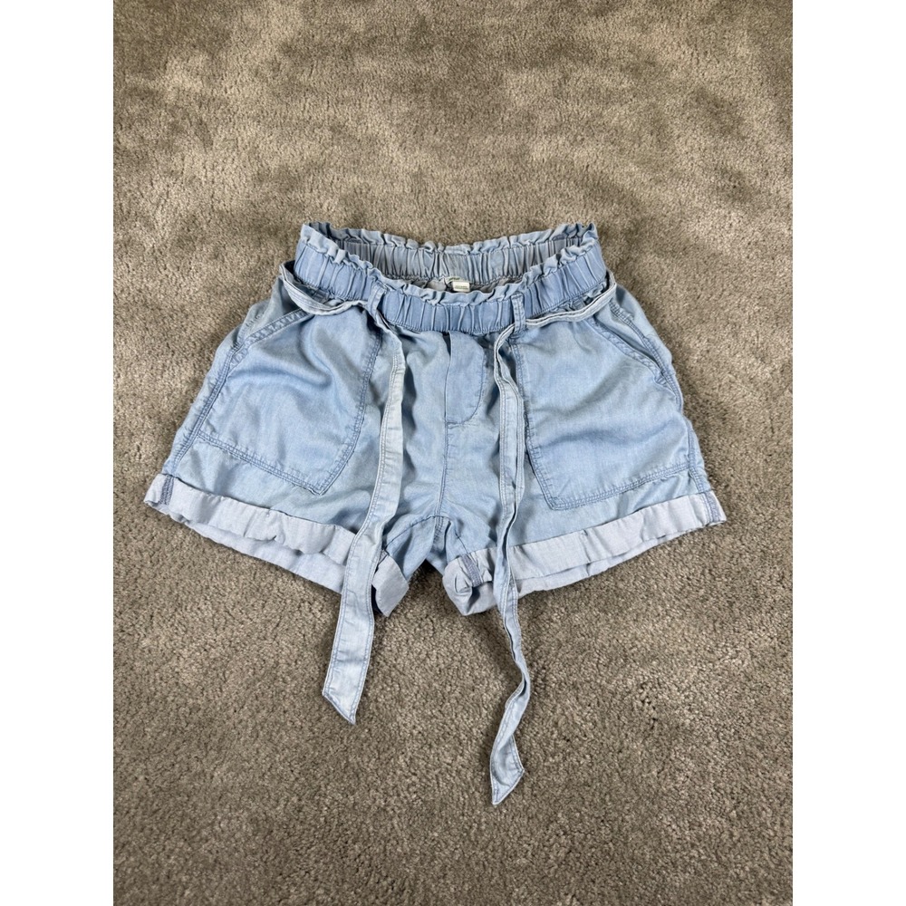Aerie Womens XS Light Wash Lyocell Paperbag Waist Tie Shorts Blue Denim Look